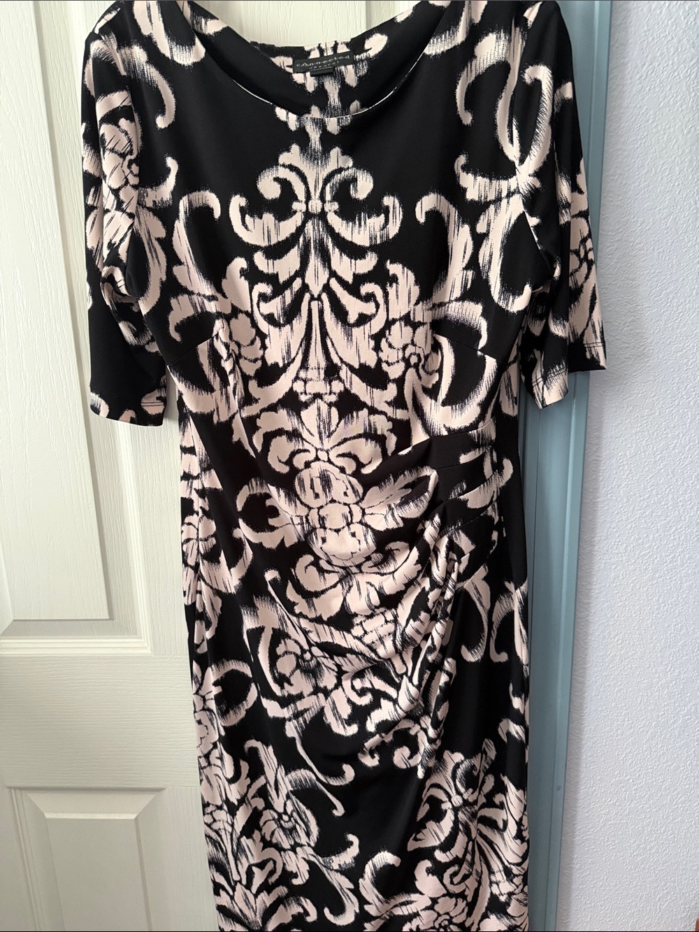 connected apparel Black and Cream Printed Midi Sheath Dress